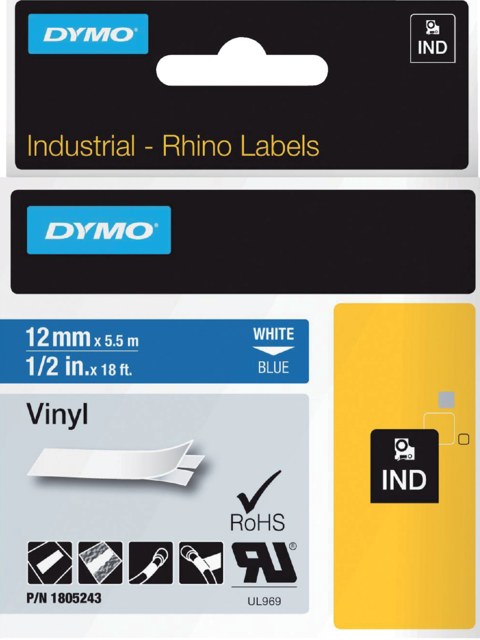Ruban Dymo Rhino Industriel vinyle 12mmx5,5m vinyle blanc sur bleu
