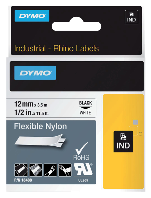 Ruban Dymo Rhino Industriel nylon 12mmx3,5m noir sur blanc