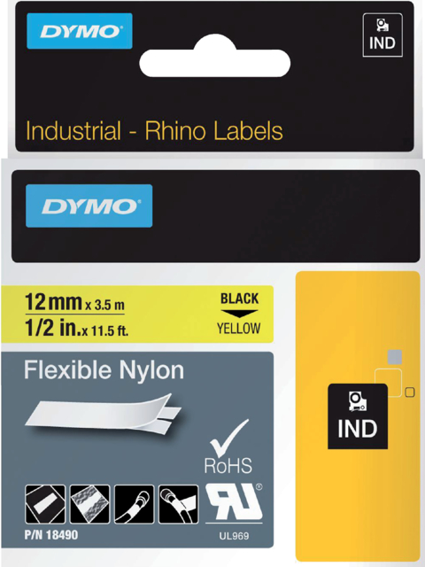 Ruban Dymo Rhino Industriel nylon 12mmx3,5m noir sur jaune