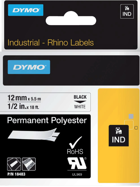 Ruban Dymo Rhino Industriel polyester 12mmx5,5m noir sur blanc