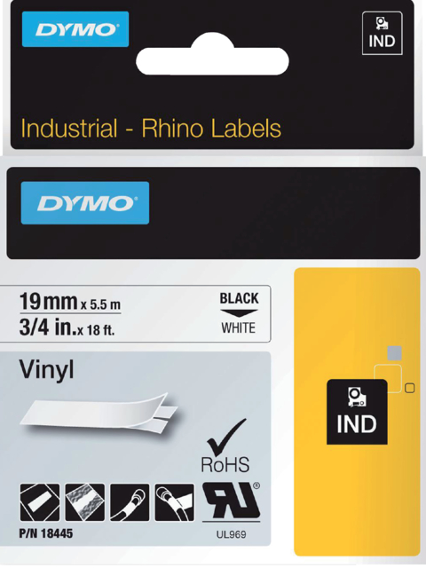 Ruban Dymo Rhino Industriel vinyle 19mmx5,5m noir sur blanc