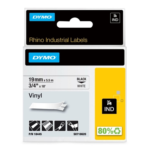 [930879] Ruban Dymo Rhino Industriel vinyle 19mmx5,5m noir sur blanc