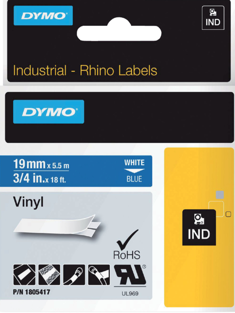 Ruban Dymo Rhino Industriel vinyle 19mmx5,5m blanc sur bleu