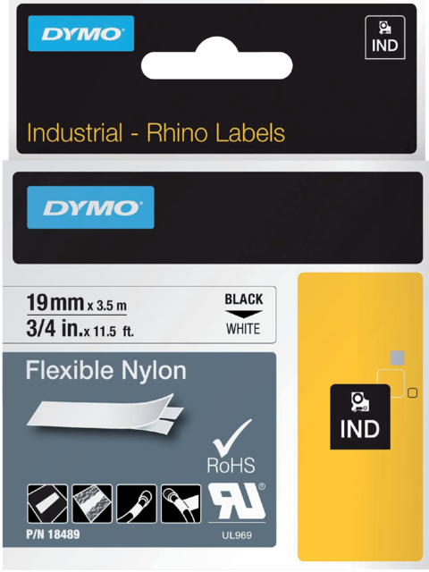 Ruban Dymo Rhino 18489 19mmx3,5m nylon flexible noir sur blanc