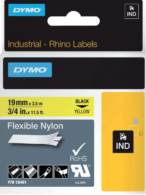 Ruban Dymo Rhino Industriel nylon 19mmx3,5m noir sur jaune