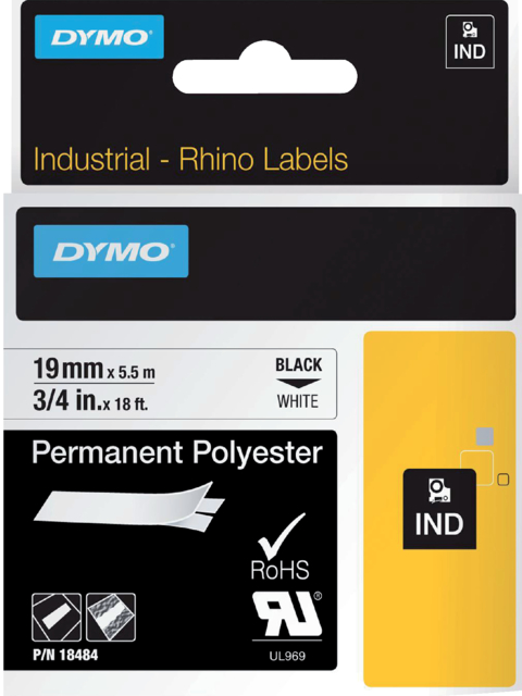 Ruban Dymo Rhino Industriel polyester 19mmx5,5m noir sur blanc