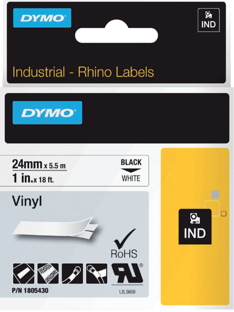 Ruban Dymo Rhino Industriel vinyle 24mmx5,5m noir sur blanc