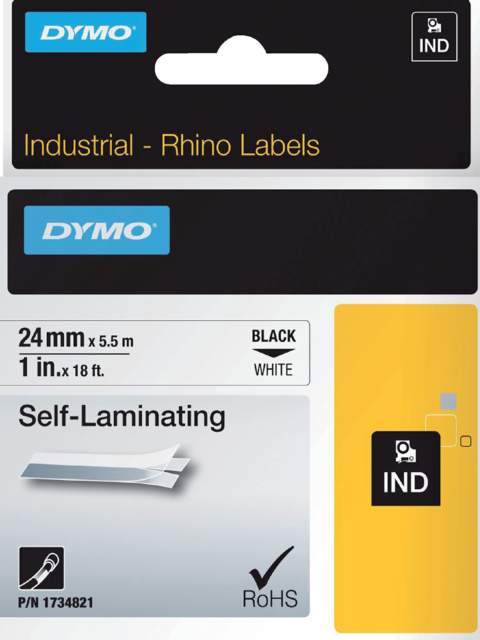 Ruban Dymo Rhino Industriel auto-laminé 24mmx5,5m noir sur blanc