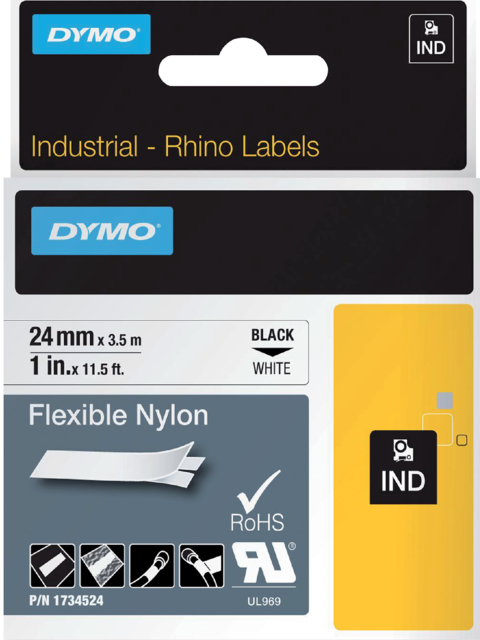 Ruban Dymo Rhino Industriel nylon 24mmx3,5m noir sur blanc