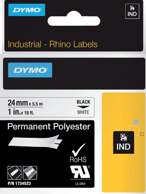 Ruban Dymo Rhino Industriel polyester 24mmx5,5m noir sur blanc