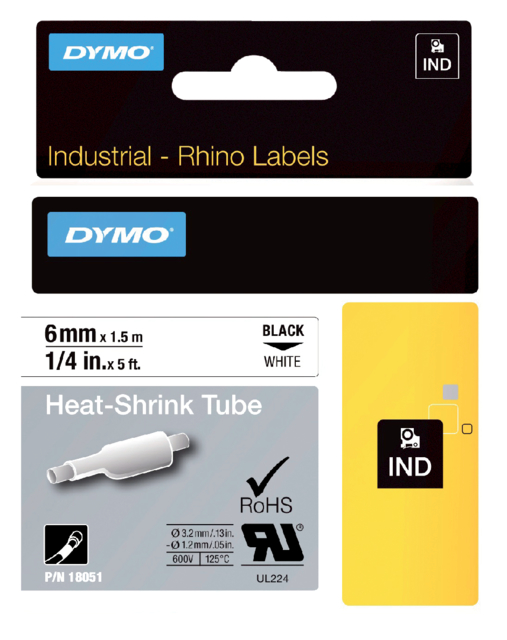 Labeltape Dymo Rhino industrieel krimpkous 6mm zwart op wit