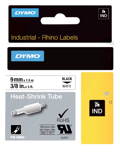 Labeltape Dymo Rhino 18053 9mmx1.5m krimpkous zwart op wit