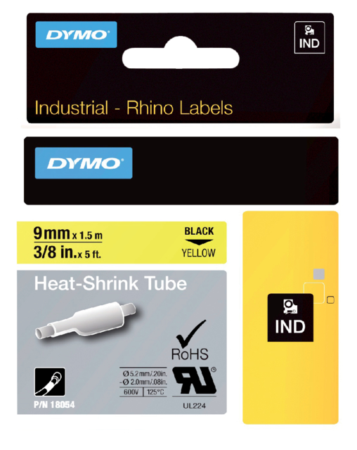 Labeltape Dymo Rhino industrieel krimpkous 9mm zwart op geel