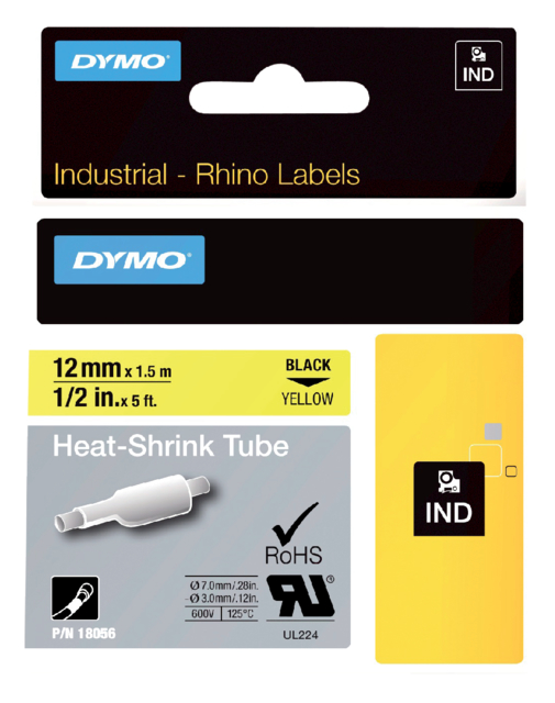 Labeltape Dymo Rhino industrieel krimpkous 12mm zwart op geel
