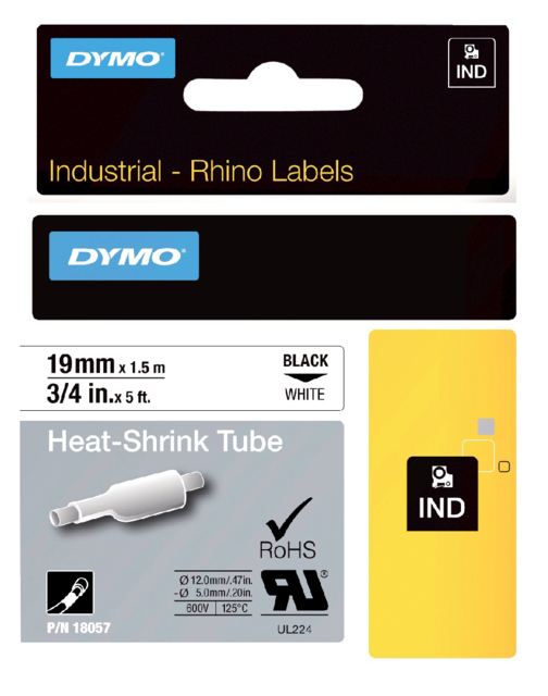 Labeltape Dymo Rhino industrieel krimpkous 19mm zwart op wit