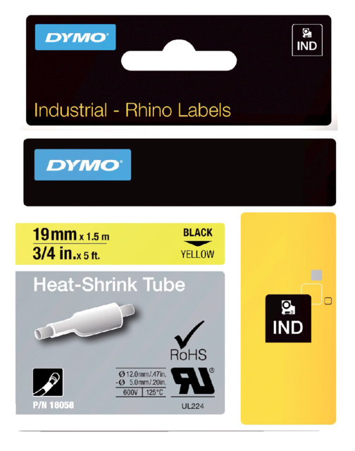 Ruban Dymo Rhino Industriel rétractable 19mmx1,5m noir sur jaune