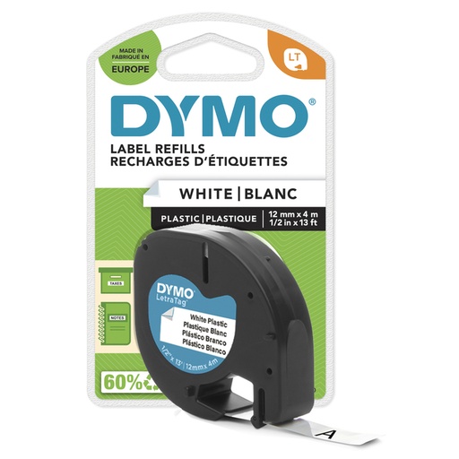 [931170] Labeltape Dymo LetraTag plastic 12mm zwart op wit