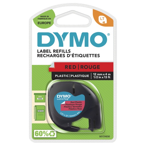 [931172] Ruban Dymo LetraTag plastique 12mmx4m noir sur rouge