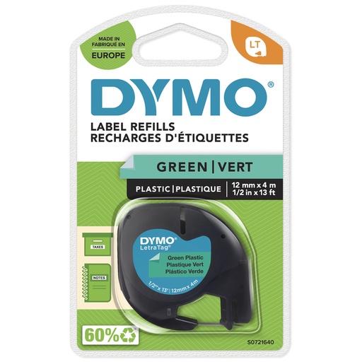 [931174] Ruban Dymo LetraTag plastique 12mmx4m noir sur vert