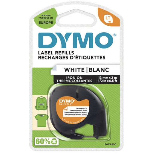 [931192] Ruban Dymo LetraTag repassable 12mmx2m noir sur blanc