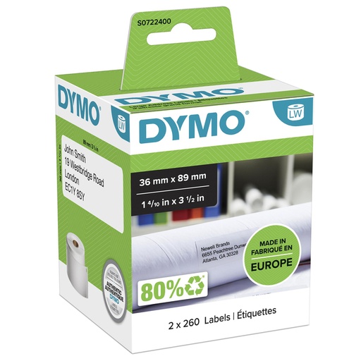 [817209] Etiquette adresse Dymo LabelWriter 36x89mm 2 rouleaux à 260 pcs blanc
