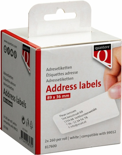 [817600] Etiquette Quantore 99012 36x89mm adresse blanc 2 rouleaux