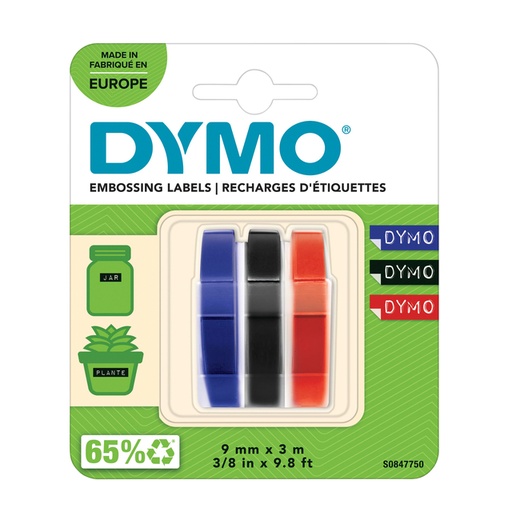 [930589] Reliëftape Dymo embossing vinyl 9mm assorti 3 stuks