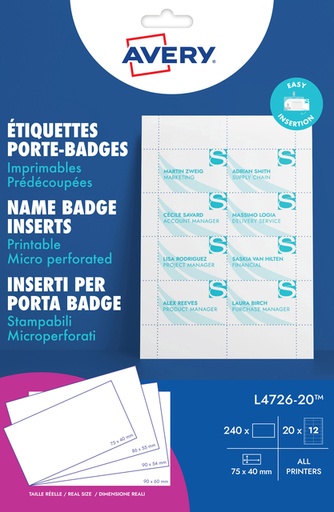 [811172] Insert pour badge Avery L4726-20 40x75mm micro perforation 20 feuilles