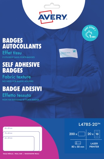 [811129] Badge adhésif Avery L4785-20 80x50mm  200 pièces