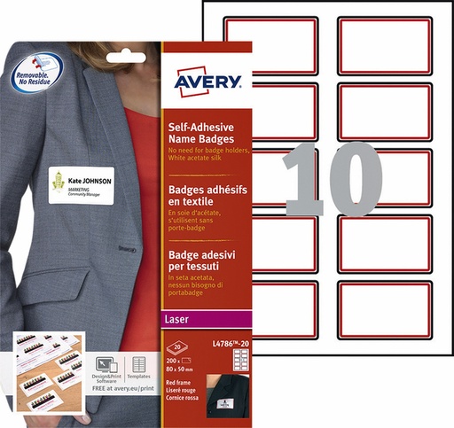 [811130] Naambadge etiket Avery L4786-20 80x50mm rood kader 200 stuks