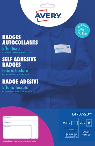 [811134] Badge adhésif Avery L4787-20 80x50mm cadre bleu 200 pièces