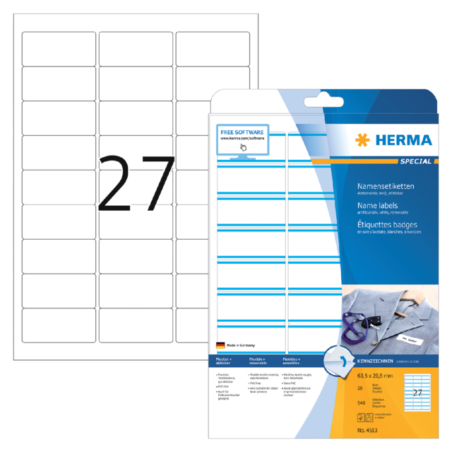 Etiquette badge HERMA 41513 63,5x29,6mm blanc/bleu
