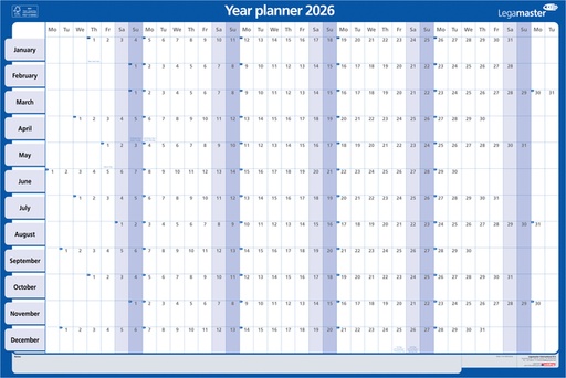 [900975] Planning annuel 2026 Legamaster 90x60cm horizontal laminé enroulable EN