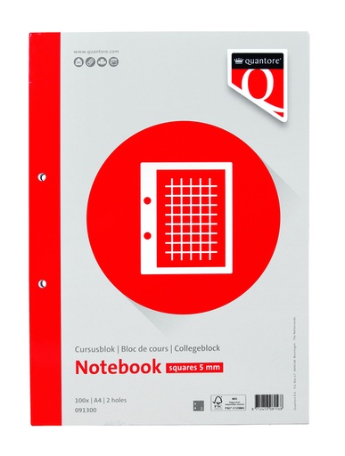 [091300] Bloc de cours Quantore A4 80g carreau 5mm 100 feuilles 80g + marge