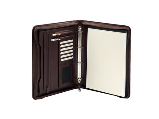 [513070] Schrijfmap van der Spek A4 leer 4-rings 25mm O-mechaniek + rits bruin