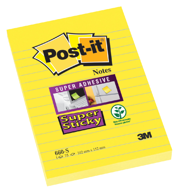 Bloc-mémos Post-it 660-S Super Sticky 102x152mm jaune ligné