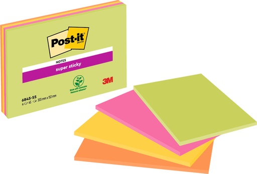 [392567] Bloc-mémos 3M Post-it 6845 Super Sticky 203x152mm assorti 4 pièces