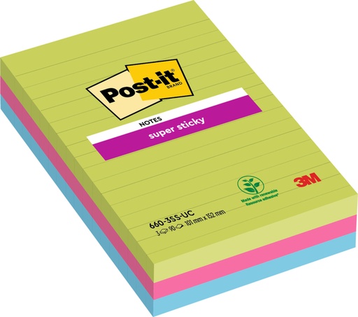 [392500] Bloc-mémos Post-it 660 Super Sticky 102x152mm ligné rainbow 3 pièces