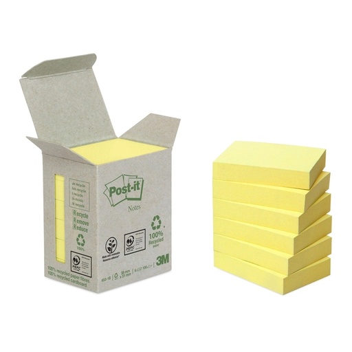 [392507] Bloc-mémos Post-it 653-1B 38x51mm recyclé jaune canari 6 pièces