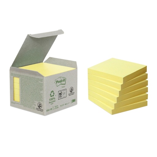 [392509] Bloc-mémos Post-it 654-1B 76x76mm recyclé jaune 6 pièces