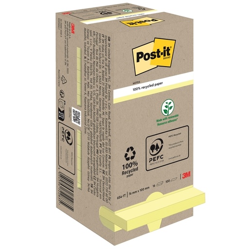 [392478] Bloc-mémos Post-it 654 76x76mm recyclé jaune pastel 16 pièces