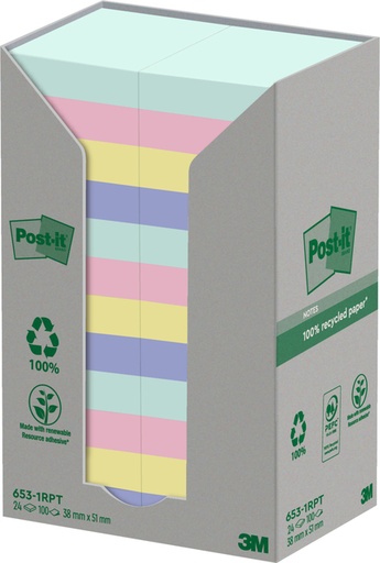 [392474] Memoblok Post-it 653-1RPT 38x51mm rainbow pastel 24 stuks