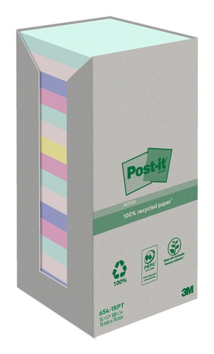 [392475] Memoblok Post-it 654-RTP 76x76mm recycled rainbow pastel 16 stuks