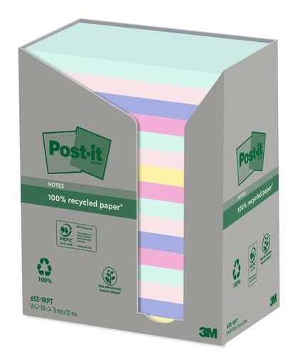 [392476] Bloc-mémos Post-it 655-RPT 76x127mm recyclé Arc-en-ciel pastel 16 pièces